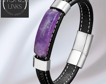 Paarse amethist stenen armband, enkele zwarte leren band, moderne sieraden voor heren en dames.