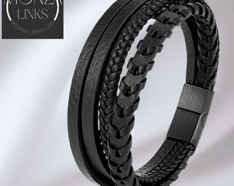 Layered Four Leather-style Bracelet, Band Colours in Black Brown Blue Red, Secure Magnetic Clasp, Wristwear for Men and Women.