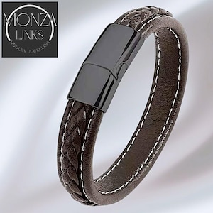 Brown Braided Leather Bracelet, Men's Leather Bracelet, Women's Leather Bracelet with Strong Magnetic Secure Clasp in Black, Silver or Gold
