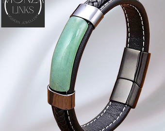 Groene aventurijn armband in leerstijl, enkele zwarte band, moderne sieraden voor mannen en vrouwen.