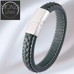 Dark Green Braided Leather Bracelet, Secure Magnetic Clasp in Black, Silver or Gold, Stylish Bracelet for Men and Women