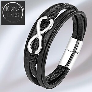 Zwarte leerstijl Infinity-armband, meerlaags ontwerp grote oneindigheidsbedel, sieraden voor heren en dames.