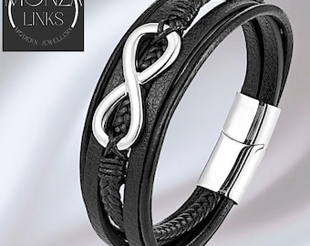 Infinity Black Leather-style Bracelet, Multi-Layer Design Large Infinity Charm, Jewellery for Men and Women.