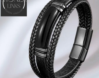 Black Agate Stone Bracelet, Multi Layered Leather-style Bands, Polished Metal Rings & Black Magnetic Clasp, Modern Design.