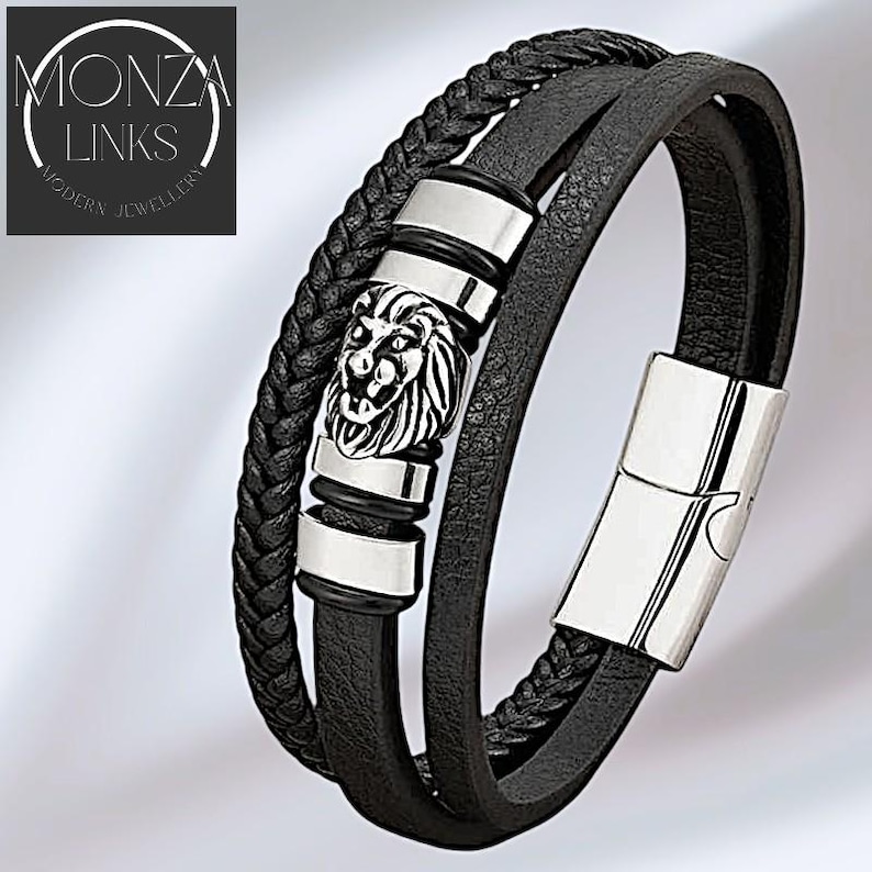 Lion Head Black Leather-style Bracelet, Men’s Triple Band Leather Design, Magnetic Clasp. image 1