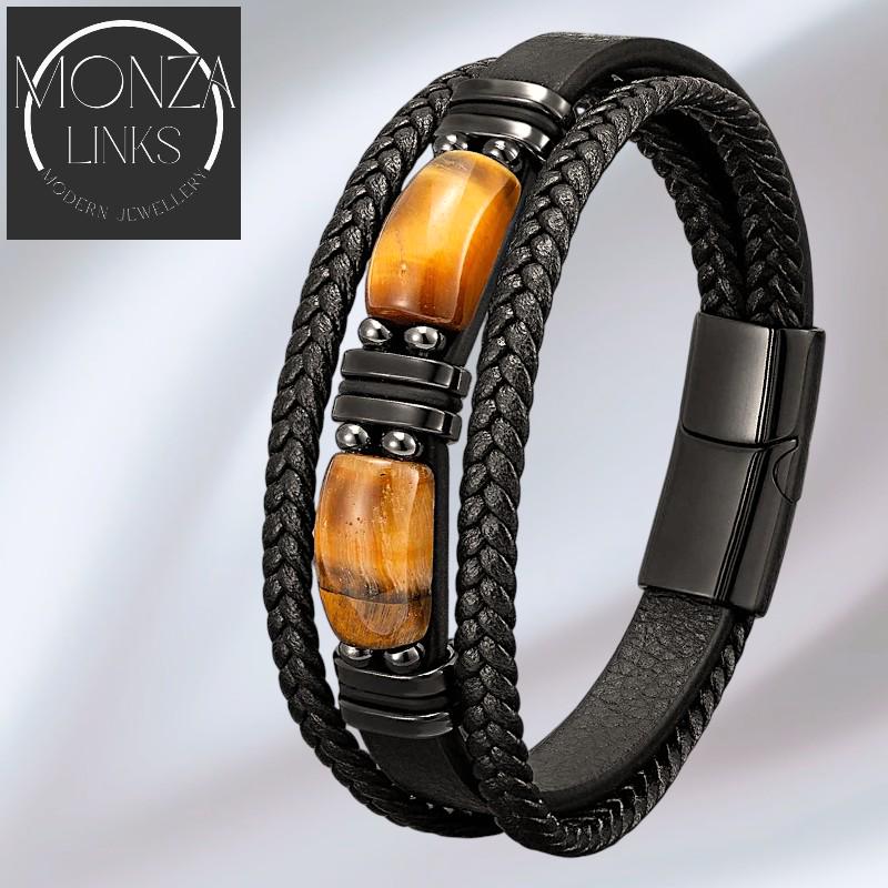 JewelryWe Tiger Eye Leather Bracelet For Men - Triple-Strand Braided, Natural Stone, Magnetic Clasp