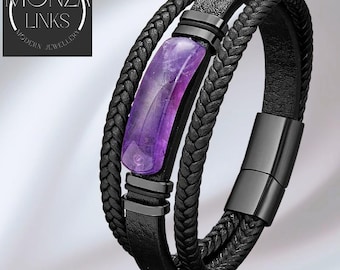 Purple Amethyst Stone Bracelet, Multi Layer Leather-style Black Bands, Polished Metal Rings, Magnetic Clasp.