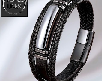 Armband in leerstijl hematiet, meerlaagse zwarte banden in leerstijl, ringen van gepolijst metaal, magnetische sluiting.