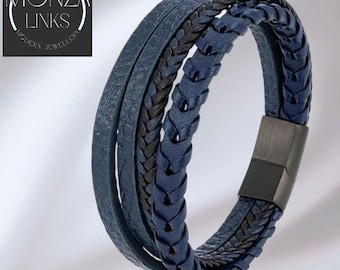 Layered Four Leather-style Bracelet, Band Colours in Blue Black Brown Red, Secure Magnetic Clasp, Wristwear for Men and Women.