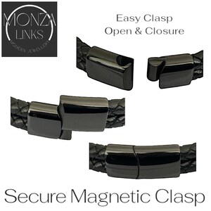 May include: Black leather bracelet with a secure magnetic clasp. The clasp is easy to open and close. The bracelet is made of two strands of leather.