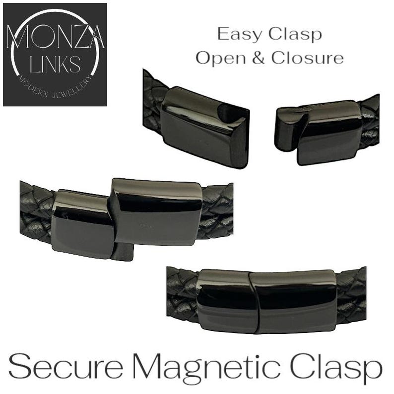 May include: Black leather bracelet with a secure magnetic clasp. The clasp is easy to open and close. The bracelet is made of two strands of leather.