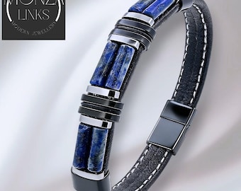 Lapissteen armband in leerstijl, zwarte band met witte stiksels, zwarte magnetische sluiting.