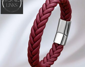 Red Chunky Braided Leather-style Bracelet, Magnetic Clasp, Modern Unisex Style.