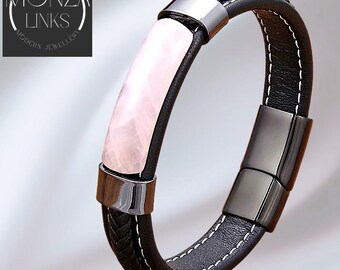 Roze decoratieve stenen armband in leerstijl, enkele zwarte band, gepolijste metalen ringen, zwarte magnetische sluiting.