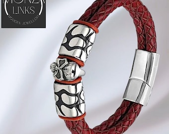 Skull Accent Double Braided Leather-style Bracelet, Colour Options: Black, Red, Warm Grey, Polished Magnetic Clasp.