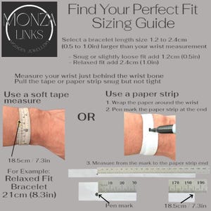 May include: A guide for measuring your wrist to determine the correct bracelet size. The guide shows two methods: using a tape measure and using a paper strip. The guide also includes an example of a relaxed fit bracelet with measurements in inches and centimetres.