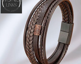 Five Leather-style Band Bracelet, Brown or Black, Multi Layers,  Silver/Black Magnetic Clasp.