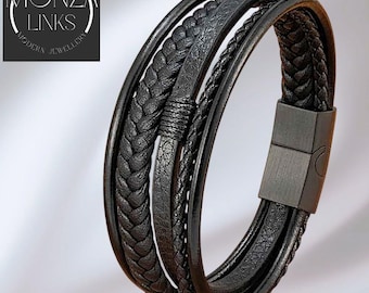 Vijf leren bandarmband, zwarte of bruine meerdere bandlagen, zilver/zwarte magnetische sluiting.