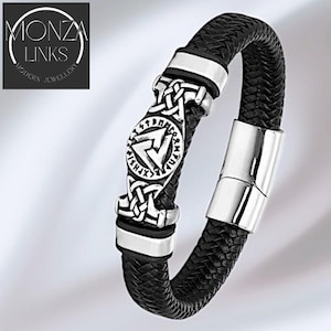 Wikinger Rune Armband, schwarz geflochtenes Lederarmband mit Futhark & Valknut Symbol, nordische Mythologie Herren Armband Schmuck