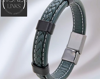 Groen gevlochten armband in leerstijl, drie ringen, witte stiksels, goudzilver of zwarte magnetische sluiting.
