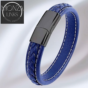 Blue Braided Leather-style Bracelet with Contrast Stitching and Secure Magnetic Clasp.
