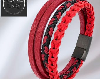 Layered Four Leather-style Bracelet, Band Colours in Red Black Brown Blue, Secure Wristwear for Men and Women.