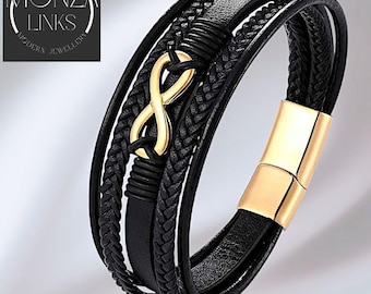 Infinity Black Leather-style Bracelet, Multi-Layer Small Infinity Charm, Jewellery for Men and Women
