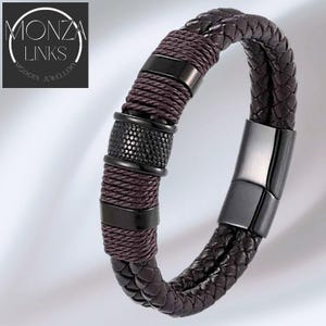 Gekarteld stalen midden bruine dubbel gevlochten leren armband, gewikkeld leer en gepolijste accenten, magnetische veilige sluiting, leren polsband