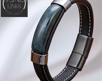 Pulsera estilo cuero de ágata verde, banda negra única, joyería moderna para hombres y mujeres.