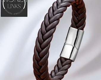 Bruine dikke gevlochten leren armband, magnetische sluiting, moderne stijl voor mannen en vrouwen.