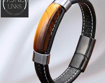 Leren armband met tijgeroogsteen, enkele zwarte band, moderne sieraden voor heren en dames.