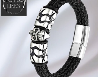 Skull Accent Double Braided Leather-style Bracelet, Colour Options: Black, Red, Warm Grey, Polished Magnetic Clasp.