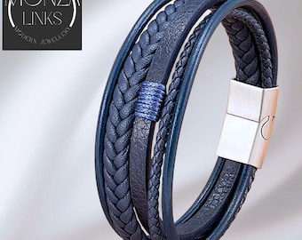 Vijf leren bandarmband, blauwe meerdere lagen, zilveren of zwarte magnetische sluiting.