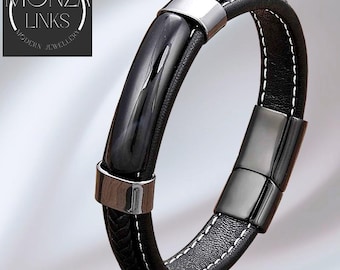 Black Agate Stone Leather-style Bracelet, Single Black Band, Modern Jewellery for Men and Women.