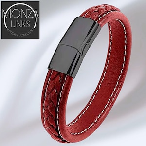 Red Braided Leather Bracelet, Men&#39;s Leather Bracelet, Women&#39;s Leather Bracelet with Strong Magnetic Secure Clasp in Black, Silver or Gold