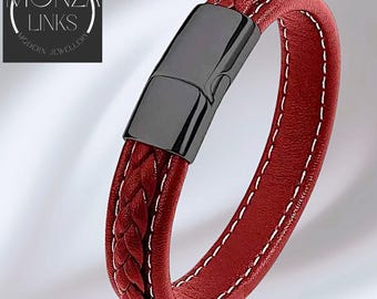 Red Braided Leather-style Bracelet with Contrast Stitching and Secure Magnetic Clasp.