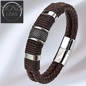 Knurled Steel Centre Brown Braided Leather Bracelet with wrapped leather and accent rings, Magnetic Secure Clasp, Mens Leather Wristband