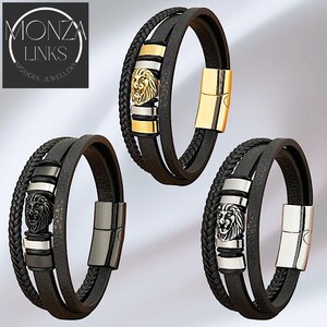 Lion Head Black Leather-style Bracelet, Men’s Triple Band Leather Design, Magnetic Clasp. image 2
