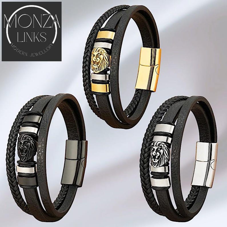 Lion Head Black Leather-style Bracelet, Men’s Triple Band Leather Design, Magnetic Clasp. image 2
