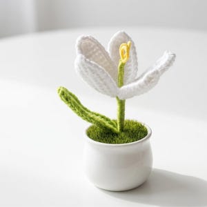 Könnte beinhalten: Eine handgefertigte Häkelblume in einem kleinen weißen Keramiktopf. Die Blume hat weiße Blütenblätter, eine gelbe Mitte und einen grünen Stiel und ein grünes Blatt. Der Topf ist mit grünem Kunstgras gefüllt und schafft ein charmantes Dekorationsstück.
