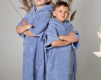 Poncho de playa para niños, toalla de bambú y algodón con capucha azul empolvado, regalo para niños