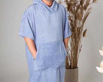 Hooded Beach Poncho, Dusty Blue Sauna Robe, Gift for Him, Gift for Her