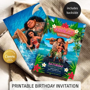 May include: Two vibrant birthday party invitations with characters from a popular animated film. The invitations include the text "Ashley is turning 4!" and event details. The design features tropical flowers and palm trees. The invitations are digital templates.