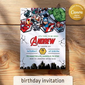 Printable Boy Birthday Invite, super hero Editable party Invitation, spiderman, hulk, captain america Invite template, avengers invitation