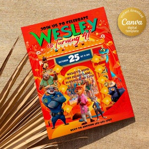 May include: A red and yellow birthday invitation featuring cartoon characters from the film Zootopia. The invitation reads "Join us to celebrate Wesley is turning 4!" and includes the date "October 25 at 11 AM".