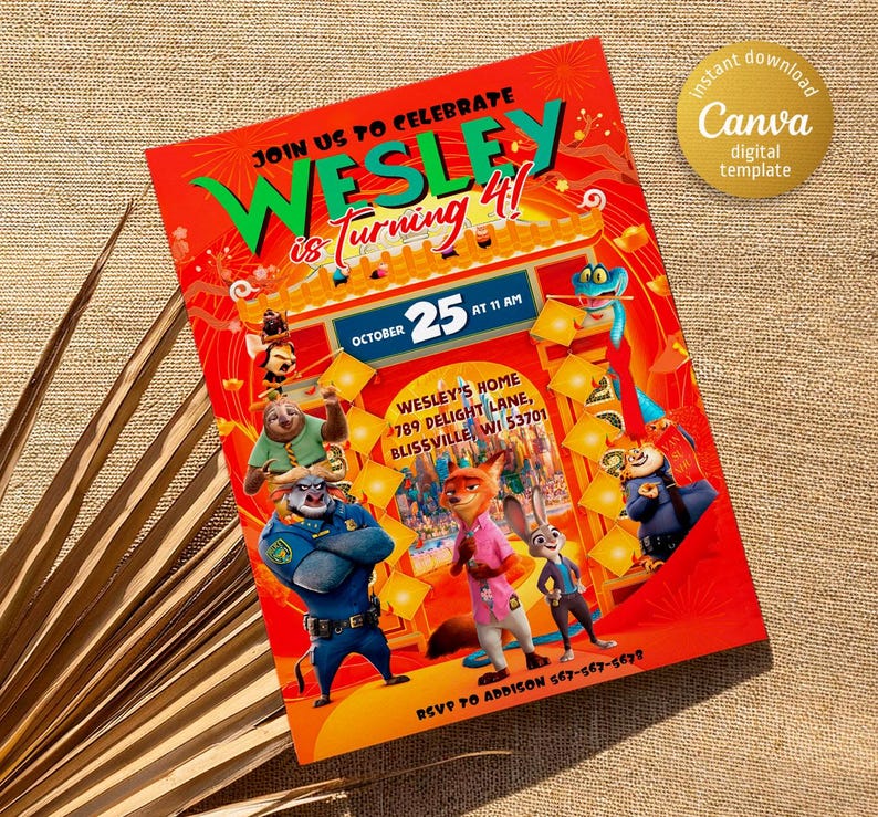 May include: A red and yellow birthday invitation featuring cartoon characters from the film Zootopia. The invitation reads "Join us to celebrate Wesley is turning 4!" and includes the date "October 25 at 11 AM".