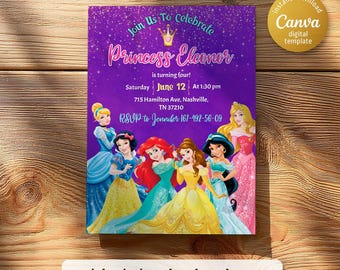 May include: A purple birthday invitation featuring the text "Princess Eleonor" and several cartoon princesses. The invitation includes event details such as the date, time, and location. The words "birthday invitation" are at the bottom.