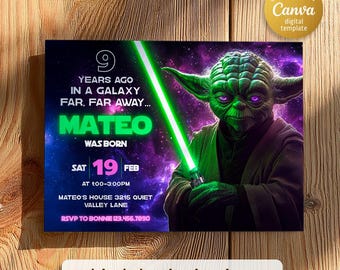 Yoda Birthday Invitation, Star wars invite, printable Jedi invitation, Instant Download, editable Birthday Invite template
