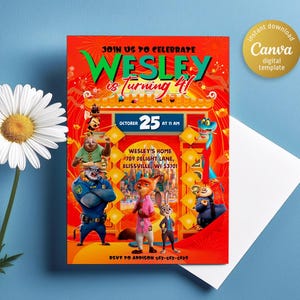 May include: A red and yellow birthday invitation featuring cartoon characters from the film Zootopia. The invitation reads "Join us to celebrate Wesley is turning 4!" and includes the date "October 25 at 11 AM".