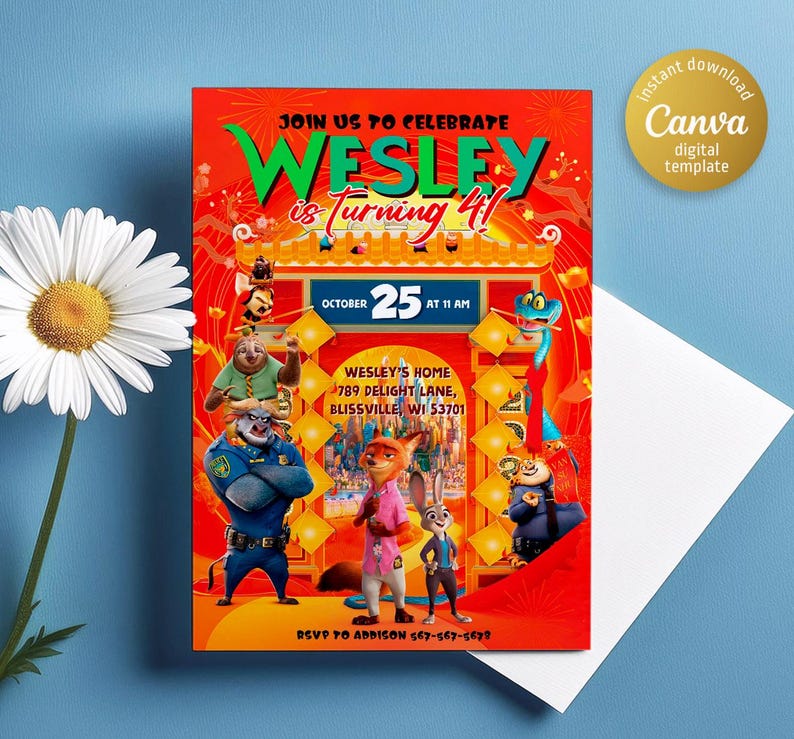 May include: A red and yellow birthday invitation featuring cartoon characters from the film Zootopia. The invitation reads "Join us to celebrate Wesley is turning 4!" and includes the date "October 25 at 11 AM".
